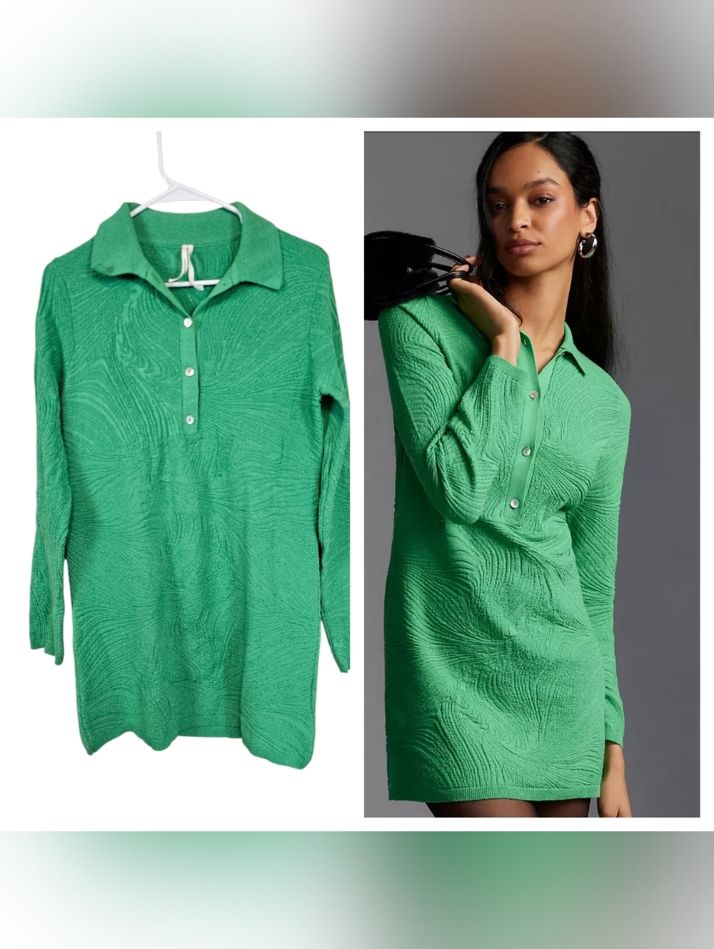 Anthropologie Textured Long Sleeve Polo Sweater Mini Dress Kelly Green